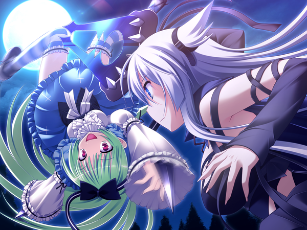 Anime picture 1600x1200 with bloody rondo (game) lynette vance makita maki long hair open mouth blue eyes red eyes multiple girls game cg silver hair long sleeves green hair night girl thighhighs dress weapon 2 girls moon striped thighhighs