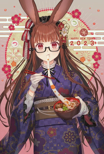 Anime picture 1200x1770 with original taranbo single long hair tall image fringe red eyes brown hair animal ears upper body blunt bangs traditional clothes japanese clothes bunny ears floral print eating new year happy new year egasumi 2023