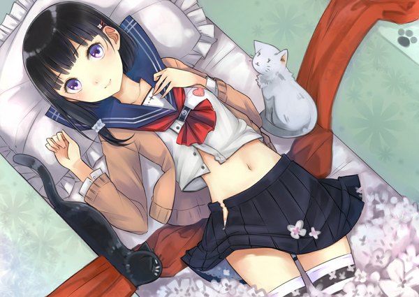 Anime picture 1101x780 with original umasanjin single looking at viewer short hair blue eyes black hair lying revision girl thighhighs skirt navel uniform animal serafuku bed cat striped thighhighs