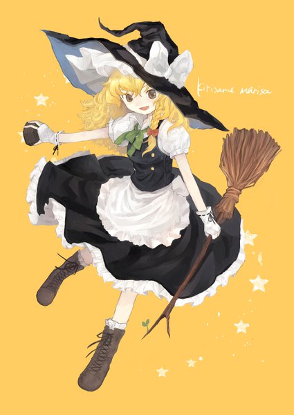 Anime picture 2150x3035 with touhou kirisame marisa shoudoku taishi (taishi) single long hair tall image looking at viewer highres open mouth blonde hair smile brown eyes full body braid (braids) short sleeves puffy sleeves character names outstretched arm side braid lacing