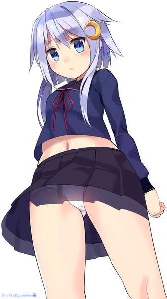 Anime picture 1024x1820 with kantai collection yayoi destroyer kuro chairo no neko single tall image looking at viewer blush short hair blue eyes light erotic simple background standing purple hair long sleeves pleated skirt from below midriff pantyshot dated girl