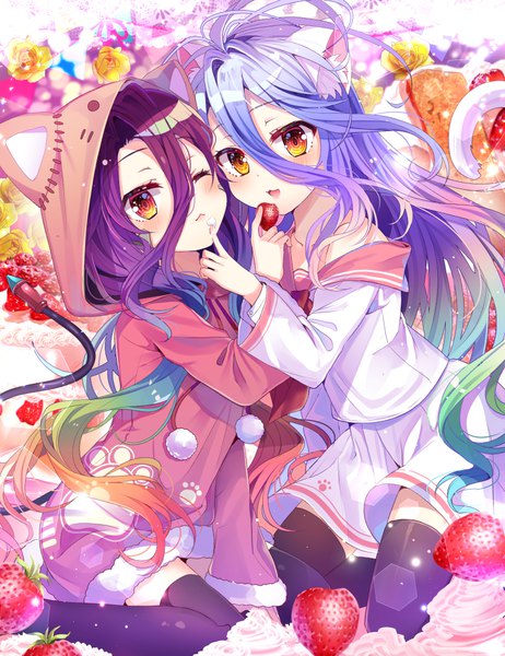 Anime picture 800x1040 with no game no life madhouse shiro (no game no life) shuvi (no game no life) chocho (homelessfox) long hair tall image looking at viewer blush fringe open mouth smile hair between eyes sitting multiple girls holding animal ears purple hair full body bent knee (knees)