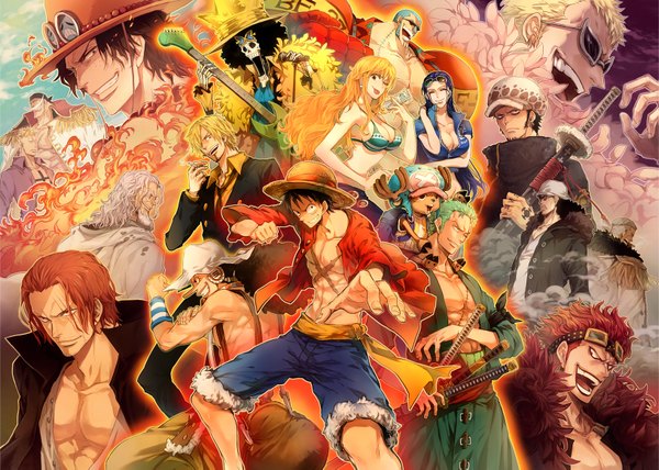 Anime picture 1631x1165 with one piece toei animation nami (one piece) monkey d. luffy nico robin roronoa zoro sanji tony tony chopper portgas d. ace usopp trafalgar law franky brook (one piece) shanks donquixote doflamingo marco (one piece) eustass kid edward newgate smoker (one piece) kuzan (aokiji)