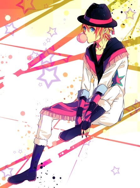Anime picture 1284x1727 with uta no prince-sama a-1 pictures kurusu shou vient single tall image looking at viewer short hair blue eyes blonde hair sitting nail polish bubble blowing boy hat bubblegum
