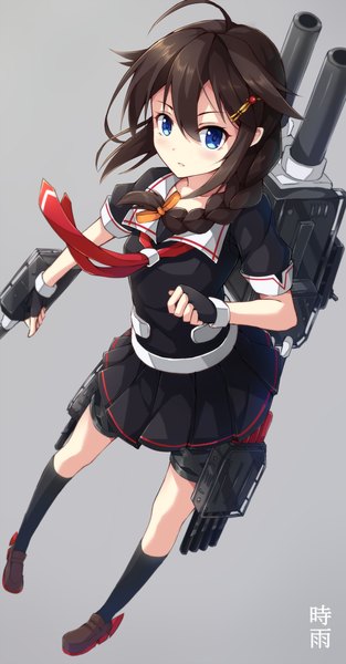 Anime picture 912x1745 with kantai collection shigure destroyer rin yuu single long hair tall image blush blue eyes black hair simple background ahoge braid (braids) pleated skirt inscription grey background character names single braid hieroglyph remodel (kantai collection) girl