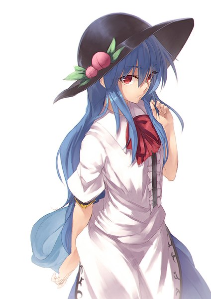 Anime picture 723x1023 with touhou hinanawi tenshi ibuki notsu single long hair tall image looking at viewer simple background red eyes standing white background blue hair from above girl hat fruit peach