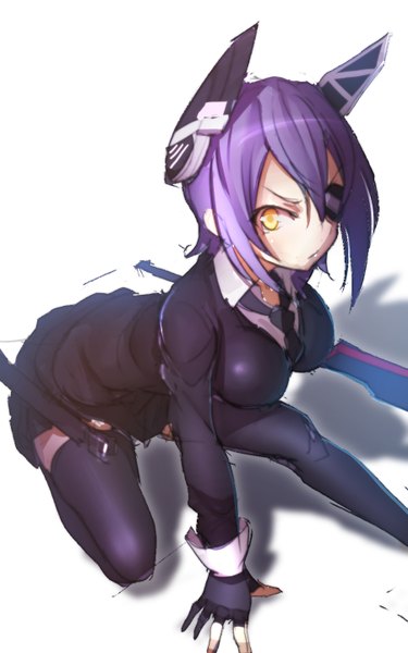 Anime picture 900x1440 with kantai collection tenryuu light cruiser namago single tall image looking at viewer short hair breasts large breasts yellow eyes purple hair squat girl skirt gloves weapon necktie fingerless gloves sweater eyepatch