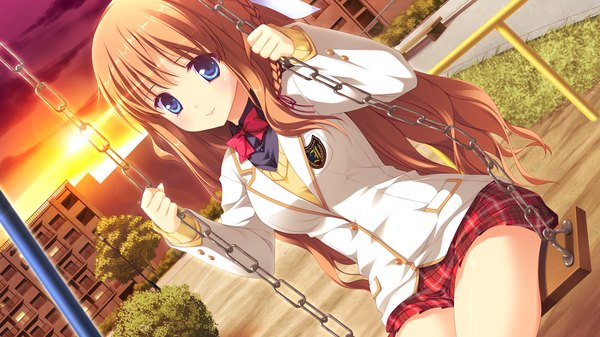 Anime picture 1920x1080 with melty moment orie yuuka long hair looking at viewer blush highres blue eyes smile brown hair wide image sitting game cg girl skirt uniform school uniform swing