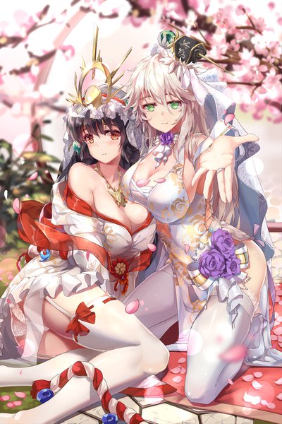 Anime picture 1000x1500 with huanxiang shen ji tenterudaijin tai shang laolao zombie-andy long hair tall image looking at viewer blush fringe breasts light erotic black hair hair between eyes large breasts sitting bare shoulders multiple girls green eyes cleavage silver hair
