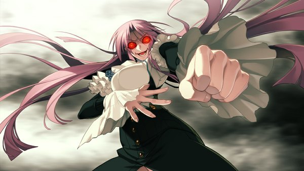 Anime picture 1024x576 with full metal daemon muramasa nitroplus ootori kanae single long hair open mouth smile red eyes wide image pink hair evil grin girl dress fist