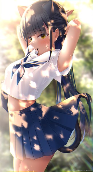 Anime picture 683x1255 with original mhru single long hair tall image blush fringe black hair standing holding signed animal ears yellow eyes looking away outdoors tail blunt bangs animal tail pleated skirt sunlight