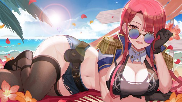 Anime picture 4096x2304 with original amahara subaru single long hair looking at viewer highres breasts open mouth light erotic smile red eyes wide image large breasts payot pink hair absurdres cleavage outdoors lying :d