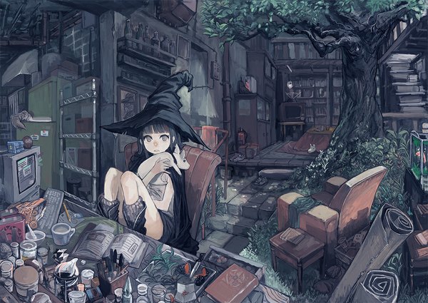 Anime picture 1165x826 with original osasimidaisuki long hair looking at viewer black hair sitting holding landscape witch messy room girl plant (plants) animal tree (trees) shoes book (books) cape witch hat table fish (fishes)