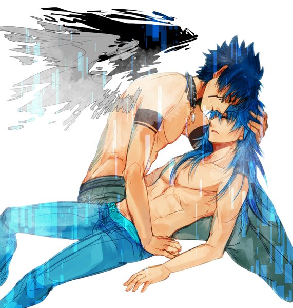 Anime picture 2000x2100 with dramatical murder nitro+chiral aoba (dmmd) ren (dmmd) long hair tall image highres short hair simple background white background bare shoulders blue hair eyes closed multiple boys tattoo shounen ai boy wings 2 boys collar