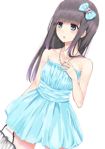 Anime picture 992x1403 with original asterism single long hair tall image blush open mouth black hair standing white background bare shoulders hand on chest surprised girl dress hair ornament bow hairclip bag short dress
