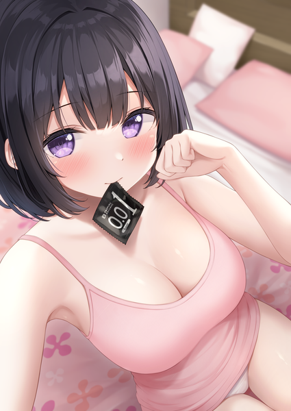 Anime picture 2508x3541 with original inoue yurina karutamo single tall image looking at viewer blush fringe highres short hair breasts light erotic black hair large breasts sitting purple eyes bare shoulders holding cleavage indoors