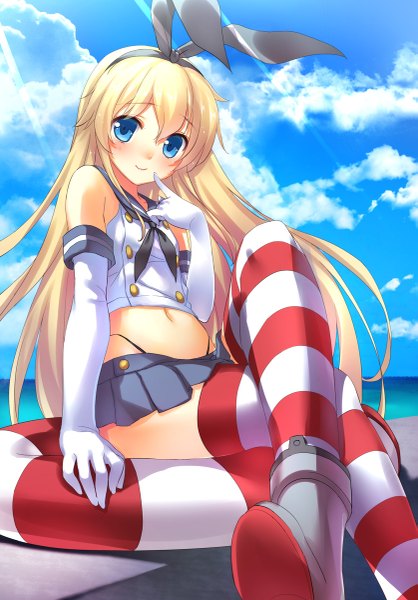 Anime picture 837x1200 with kantai collection shimakaze destroyer 47agdragon single long hair tall image looking at viewer blue eyes light erotic blonde hair smile sitting cloud (clouds) crossed legs girl thighhighs gloves miniskirt elbow gloves sea
