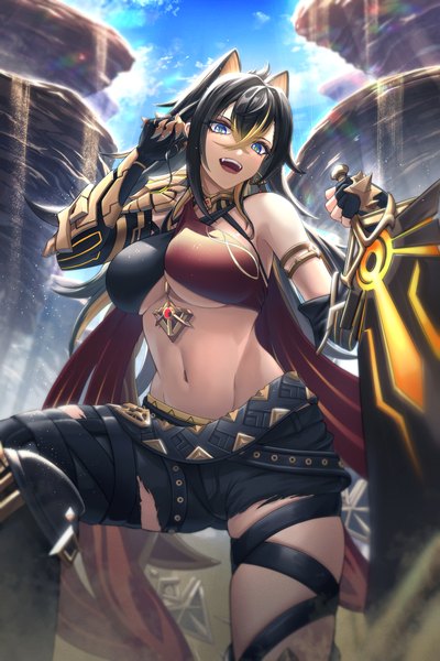 Anime picture 4000x6000 with genshin impact dehya (genshin impact) rayu (snowwhite ki) single long hair tall image looking at viewer fringe highres breasts open mouth blue eyes light erotic black hair smile hair between eyes large breasts standing holding animal ears