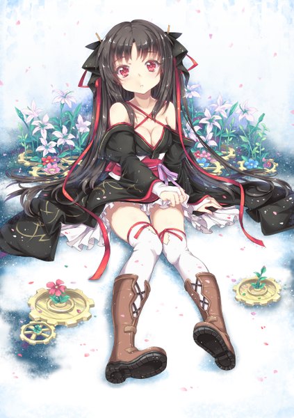 Anime picture 1748x2480 with machine-doll wa kizutsukanai yaya (machine-doll) north abyssor single long hair tall image looking at viewer highres black hair red eyes twintails traditional clothes japanese clothes girl thighhighs bow ribbon (ribbons) hair bow petals white thighhighs