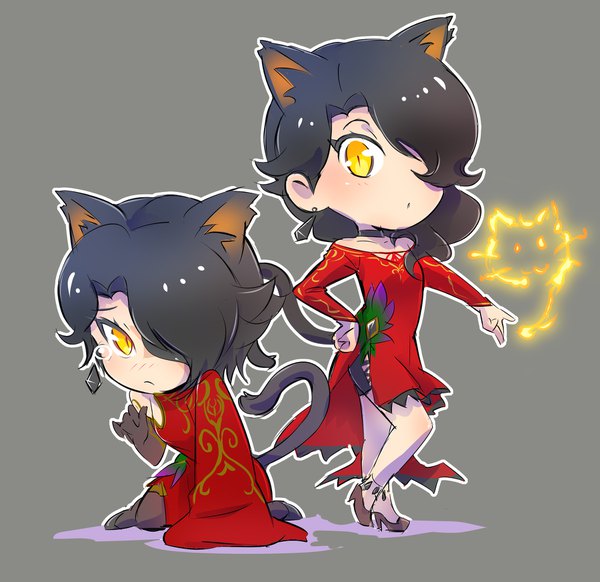 Anime picture 1800x1746 with rwby rooster teeth cinder fall iesupa long hair looking at viewer fringe highres black hair simple background standing sitting animal ears yellow eyes tail animal tail cat ears hair over one eye grey background cat girl