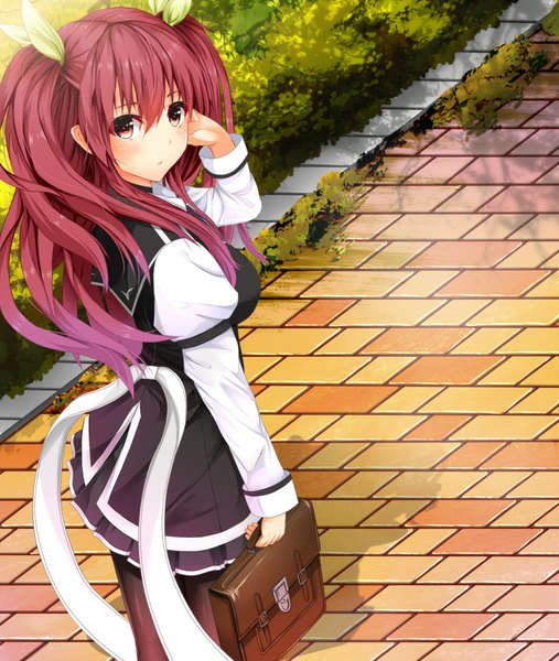 Anime picture 1800x2130 with rakudai kishi no cavalry stella vermillion sho (pixiv10868818) shou (10868818) single long hair tall image blush fringe highres hair between eyes red eyes looking away red hair looking back shadow two side up adjusting hair girl uniform