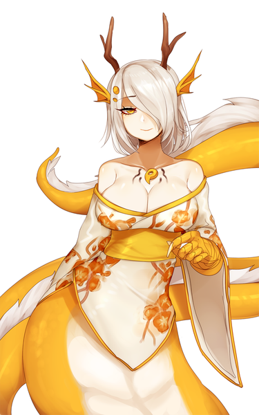Anime picture 625x1000 with monster girl encyclopedia ryuu (monster girl encyclopedia) teru (renkyu) single tall image looking at viewer fringe short hair breasts light erotic simple background smile large breasts white background bare shoulders yellow eyes silver hair tail horn (horns) hair over one eye
