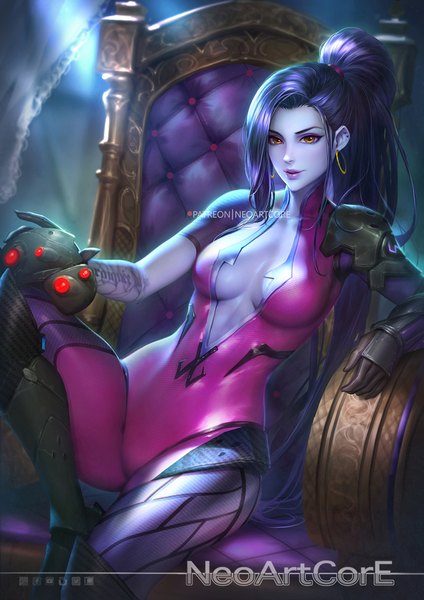 Anime picture 800x1132 with overwatch blizzard entertainment widowmaker (overwatch) nudtawut thongmai single long hair tall image looking at viewer breasts light erotic sitting signed yellow eyes cleavage purple hair bent knee (knees) ponytail indoors parted lips light smile