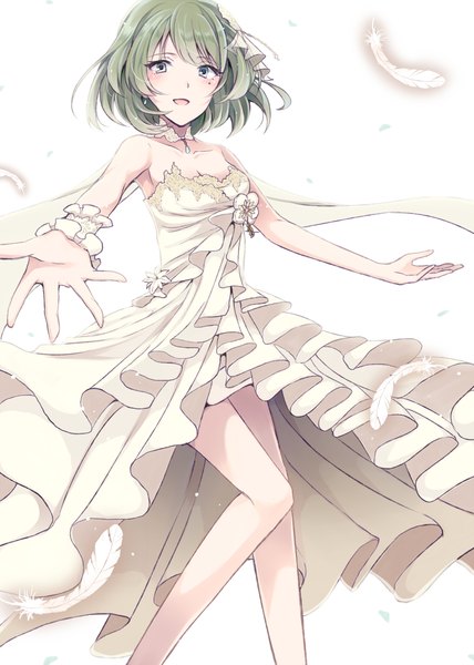 Anime picture 800x1122 with idolmaster idolmaster cinderella girls takagaki kaede gum (vivid garden) single tall image blush fringe short hair open mouth white background bare shoulders looking away cleavage bent knee (knees) green hair mole mole under eye heterochromia spread arms