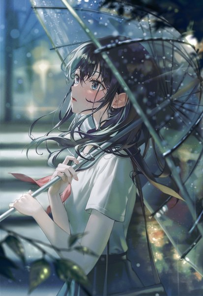 Anime picture 900x1309 with original tokkyu single long hair tall image blush fringe open mouth blue eyes black hair hair between eyes standing holding looking away outdoors blurry short sleeves depth of field rain transparent umbrella