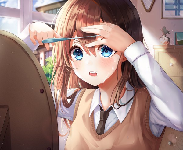 Anime picture 3421x2812 with original gongha single long hair blush fringe highres open mouth blue eyes hair between eyes brown hair looking away absurdres upper body indoors long sleeves hairdressing cutting hair girl uniform