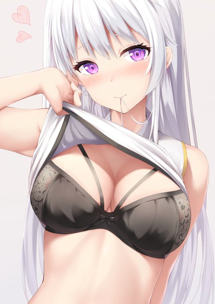 Anime picture 717x1012 with azur lane enterprise (azur lane) tatsumiya kagari single long hair tall image looking at viewer blush fringe breasts light erotic simple background large breasts purple eyes holding payot silver hair upper body head tilt arm up