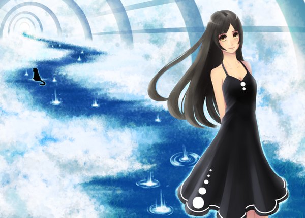 Anime picture 1250x897 with original bounin single long hair black hair smile yellow eyes girl cat sundress tunnel