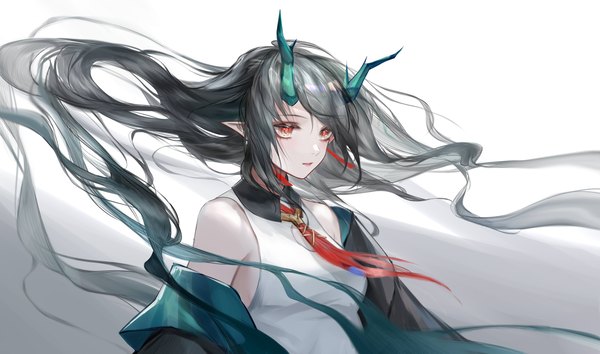 Anime picture 4249x2508 with arknights dusk (arknights) qiangjitong single long hair highres black hair simple background red eyes wide image looking away absurdres upper body horn (horns) wind pointy ears girl earrings