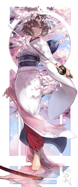 Anime picture 757x1800 with fate (series) fate/grand order kara no kyoukai type-moon ryougi shiki fukuda935 single tall image fringe short hair brown hair standing purple eyes holding traditional clothes japanese clothes barefoot cherry blossoms floral print girl