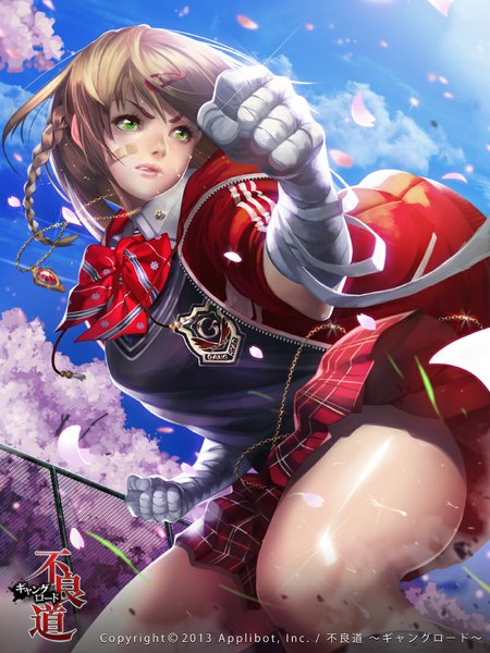 Anime picture 800x1067 with original ukero single long hair tall image brown hair green eyes cloud (clouds) pleated skirt wind sunlight open clothes open jacket cherry blossoms plaid skirt bandaid on face girl skirt uniform hair ornament