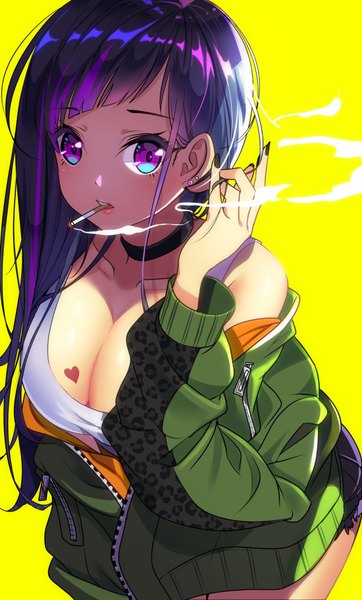Anime picture 1238x2048 with original nasubi (w.c.s) single long hair tall image looking at viewer blush fringe breasts light erotic black hair simple background large breasts standing purple eyes holding cleavage purple hair nail polish multicolored hair