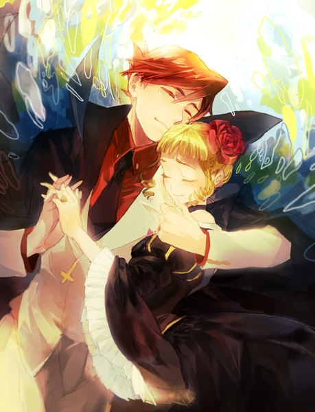 Anime picture 1717x2243 with umineko no naku koro ni beatrice ushiromiya battler kururi tall image blush highres short hair blonde hair smile brown hair eyes closed hair flower hug holding hands drill hair girl dress boy hair ornament