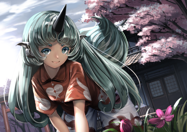 Anime picture 1415x1000 with touhou komano aun ryosios single long hair looking at viewer smile sky outdoors horn (horns) aqua eyes aqua hair cherry blossoms eyebrows on all fours girl flower (flowers) torii