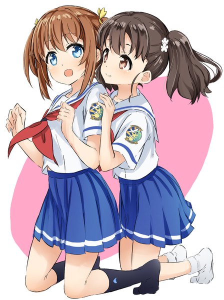 Anime picture 860x1150 with high school fleet misaki akeno shiretoko rin abe kanari tall image looking at viewer blush short hair open mouth blue eyes simple background smile brown hair twintails multiple girls brown eyes payot looking away pleated skirt no shoes