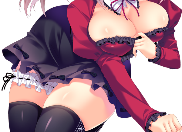 Anime picture 1624x1176 with love love life skyfish (studio) ginrei otoha tajima yoshikazu single long hair breasts light erotic large breasts twintails game cg cleavage grey hair legs transparent background girl thighhighs skirt black thighhighs