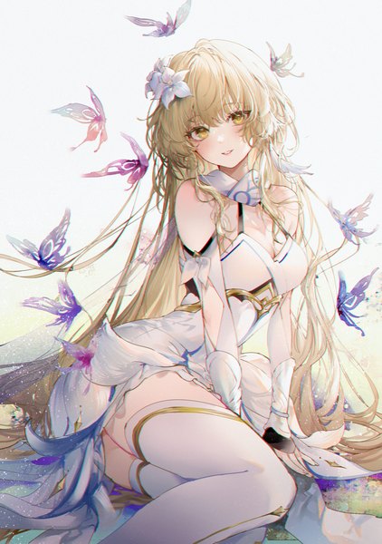 Anime picture 785x1115 with genshin impact lumine (genshin impact) kinokohime single tall image looking at viewer fringe breasts blonde hair sitting bare shoulders yellow eyes blunt bangs very long hair parted lips head tilt hair flower arm support alternate hairstyle anaglyph