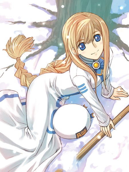 Anime picture 900x1200 with aria alicia florence hirokiku single long hair tall image blush blue eyes blonde hair smile braid (braids) from above single braid snowing winter snow girl plant (plants) tree (trees) headdress
