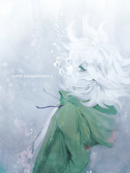 Anime picture 768x1024 with dangan ronpa super dangan ronpa 2 komaeda nagito yoppee2 single tall image looking at viewer fringe short hair smile green eyes white hair parted lips copyright name underwater boy hood bubble (bubbles) t-shirt hoodie