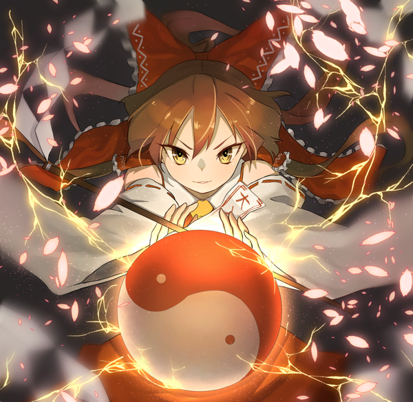 Anime picture 1505x1464 with touhou hakurei reimu tunamayo40 single long hair looking at viewer fringe smile hair between eyes brown hair yellow eyes upper body ponytail wide sleeves grin floating hair cherry blossoms glowing light electricity