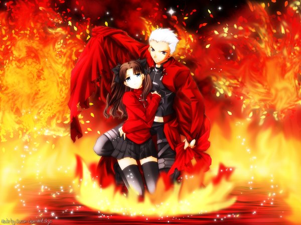 Anime picture 1600x1200 with fate (series) fate/stay night studio deen type-moon toosaka rin archer (fate) fire