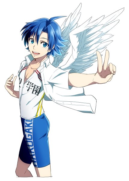 Anime picture 858x1200 with yowamushi pedal sangaku manami natsuko (bluecandy) single tall image looking at viewer fringe short hair open mouth blue eyes simple background hair between eyes white background blue hair ahoge from above open shirt victory angel wings boy