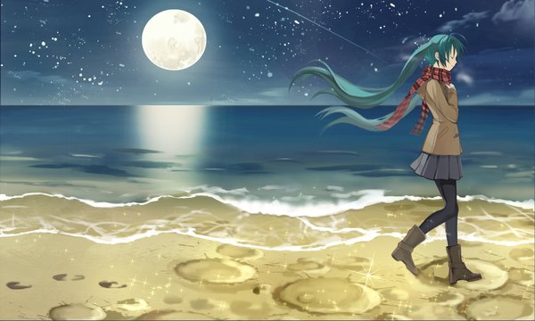 Anime picture 1956x1174 with vocaloid hatsune miku kari kenji single long hair highres smile wide image twintails sky ahoge eyes closed profile wind aqua hair night alternate costume reflection horizon walking