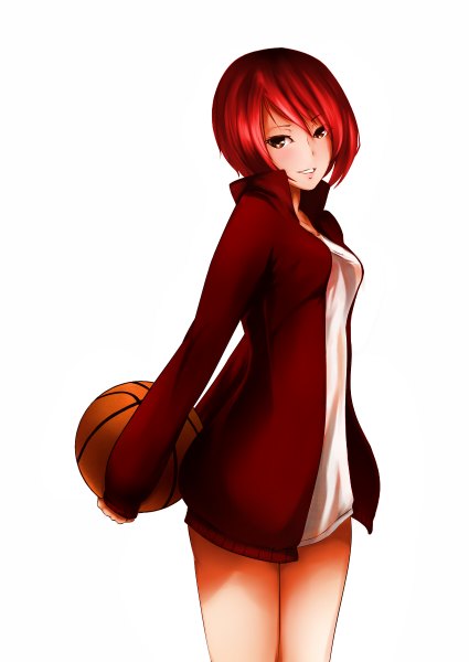 Anime picture 850x1200 with original koyuki single tall image fringe short hair simple background smile standing white background brown eyes red hair open clothes open jacket hands behind back clenched teeth girl jacket ball basketball ball