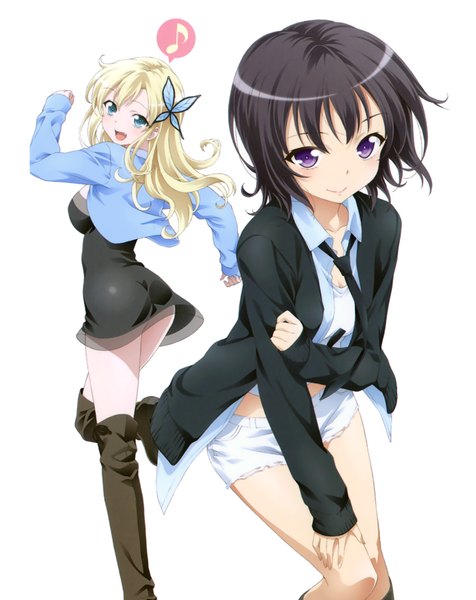 Anime picture 2380x3000 with boku wa tomodachi ga sukunai kashiwazaki sena mikazuki yozora watanabe yoshihiro long hair tall image blush highres short hair open mouth blue eyes black hair blonde hair smile white background purple eyes multiple girls girl dress hair ornament