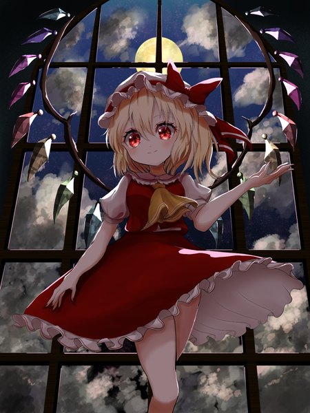 Anime picture 1152x1536 with touhou flandre scarlet kayon (touzoku) single tall image looking at viewer blush fringe short hair blonde hair smile hair between eyes red eyes standing sky cloud (clouds) indoors puffy sleeves girl hat